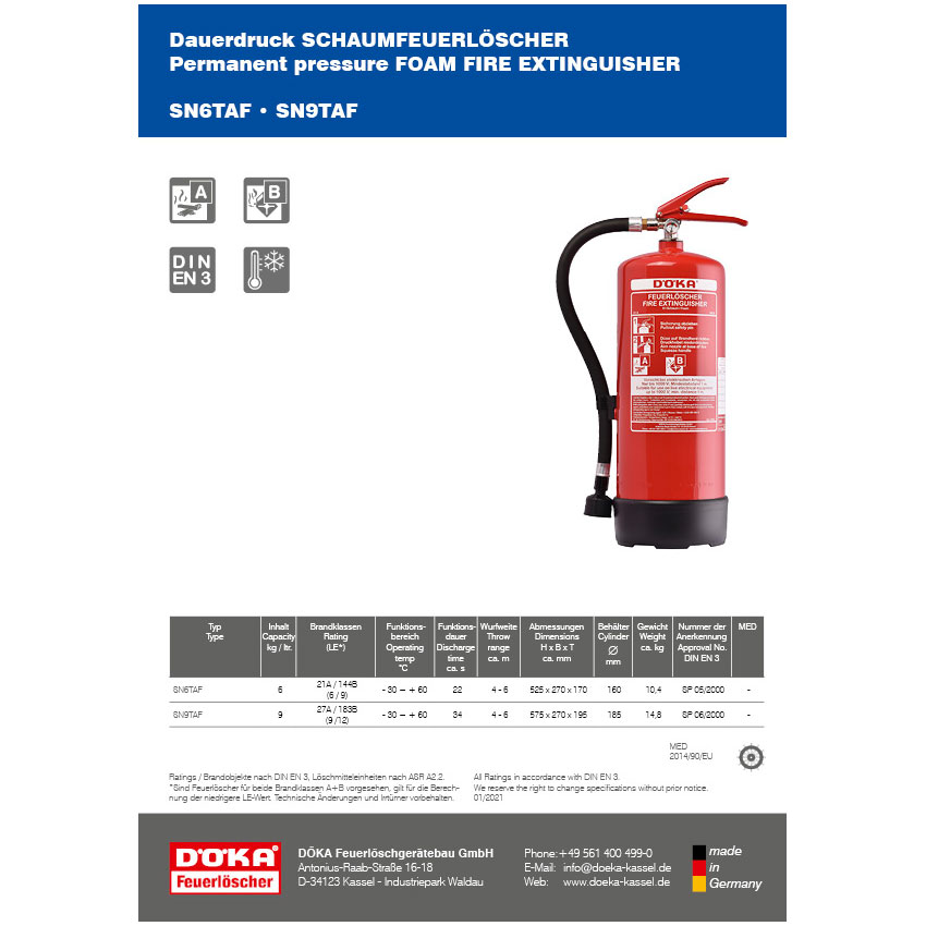 Datenblatt Schaum-Feuerlöscher SN-TAF